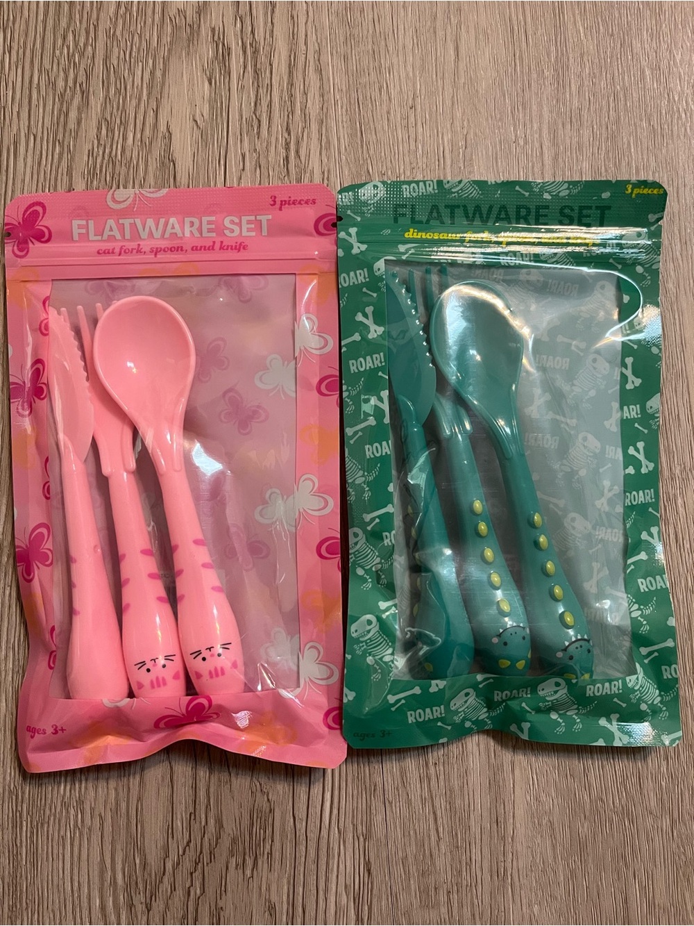 Kids Pink Cat and Green Dinosaur Flatware Sets - 2 Pack